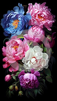 Arrangement of colorful beautiful peonies and foliage on a black background