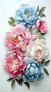 Arrangement of colorful beautiful peonies and foliage on a white background