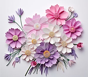 An arrangement of cosmos, in the style of 3D paper flowers, pastel retro colors, white background. Generative AI