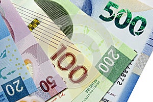 Arrangement in detail of Mexican Peso bills.