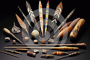 arrangement of different arrowheads and fletching materials