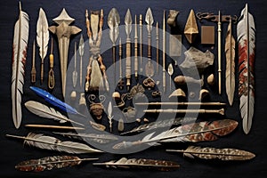arrangement of different arrowheads and fletching materials