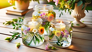 Arrangement with Floating Candles in Glass Holders Decorated with Fresh Spring Flowers. Celebration spring holiday Easter, Spring