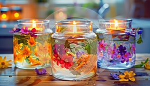 Arrangement with Floating Candles in Glass Holders Decorated with Fresh Spring Flowers. Celebration spring holiday Easter, Spring