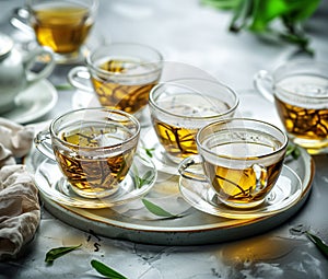 Arrangement of four glass cups filled with golden herbal tea