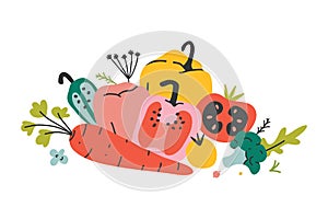 Arrangement of fresh organic vegetables, collection of vector hand drawn various kinds of veggies. Autumn harvest food isolated on