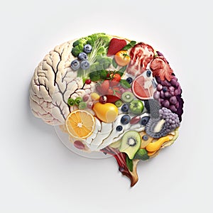 Arrangement of fruits and vegetables formed into the shape of human brain. Created with generative AI technology.