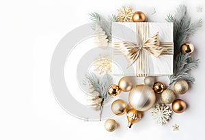 An arrangement of of gold and silver Christmas decorations Gift box on white background. Flat lay. Copy space. with generative Ai