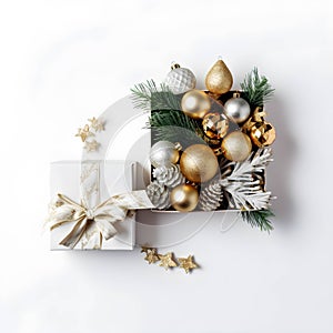 An arrangement of of gold and silver Christmas decorations Gift box on white background. Flat lay. Copy space. with generative Ai
