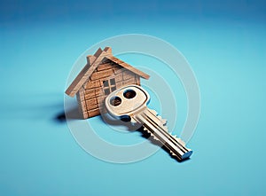 Arrangement of House-Shaped Keychain and Key on a Tranquil Blue Surface. Conveys Notions of Real Estate, Insurance