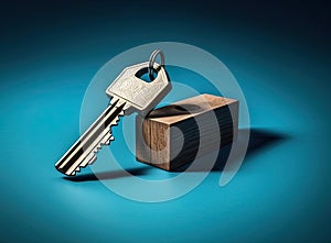 Arrangement of House-Shaped Keychain and Key on a Tranquil Blue Surface. Conveys Notions of Real Estate, Insurance