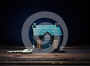 Arrangement of House-Shaped Keychain and Key on a Tranquil Blue Surface. Conveys Notions of Real Estate, Insurance