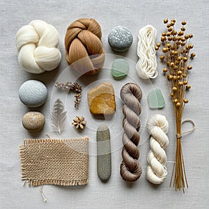 Arrangement of natural and textile elements on a textured fabric surface