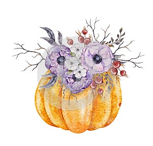 Arrangement with Orange pumpkin and flowers . Pumpkin decor with purpule anemone , rosehip berries, dusk violet leaves