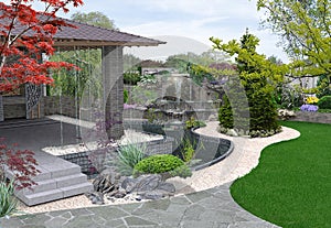 Arrangement patio living space, 3D rendering photo