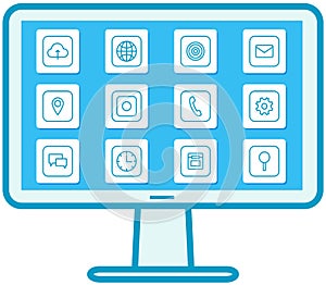 Arrangement of program shortcuts on display. Computer home screen, desktop interface with icons