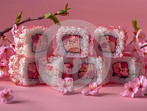 Arrangement of Sakura Flavored Sushi Rolls with Cherry Blossoms on a Pink Background Japanese Cuisine, Gastronomy Concept