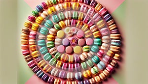 An arrangement of a selection of colorful macarons in a visually pleasing pattern
