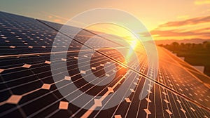 Arrangement of solar energy production plant.Solar Panels At Sunset - Renewable Energy Concept