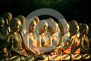 arrangement stack of golden buddha statue in buddhism temple thailand