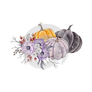 Arrangement with three pumpkins and flowers . Pumpkin decor with purpule anemone , rosehip berries, dusk violet leaves