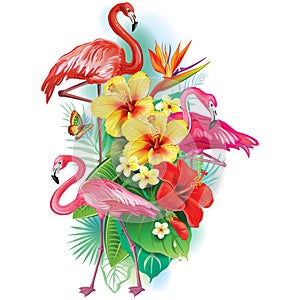 Arrangement from tropical flowers and Flamingoes photo