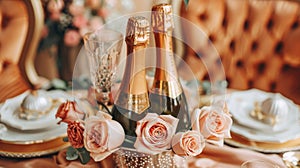 arrangement of two champagne bottles in an ice bucket, situated on a lavish dining table adorned with sparkling silverware and