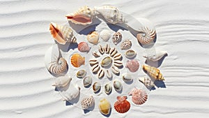 Arrangement of various seashells forms a circular pattern on a