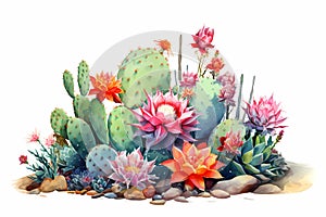 Arrangement of a watercolor green cactus adorned with pink and orange flowers against a white background. This illustration