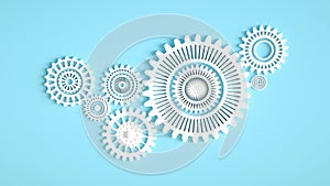 Arrangement of white gears symbolizing cooperation and teamwork. Minimal concept 3d render. Composition of white gears on blue