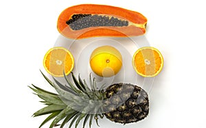 Arranging of Juicy Oranges cut isolated and a piece of papaya sliced white background, SET of Healthy fruits, papaya, Oranges,