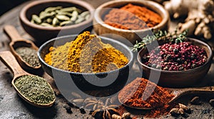 An Array of Aromatic Spices Displayed in Rustic Bowls and Spoons