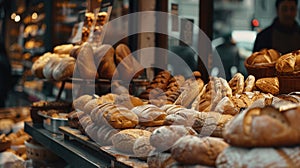 Array of artisanal breads and pastries showcased on wooden bakery shelves under warm light, poster, banner