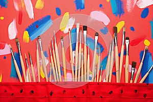 array of assorted brushes splayed on a bright red fabric