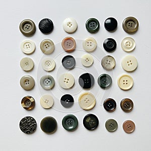 An array of assorted buttons arranged in a grid pattern on a white background. The
