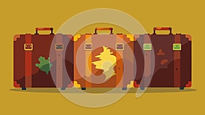 An array of battered leather suitcases each with a different journey etched into its surface.. Vector illustration.
