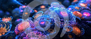 An array of bioluminescent organisms forming intricate patterns representing the blend of biology and technology