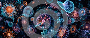 An array of bioluminescent organisms forming intricate patterns representing the blend of biology and technology