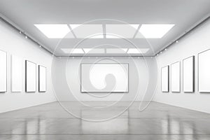 Array of blank frames on the white walls of a modern art gallery, a mockup for presenting artworks or designs. Generative AI