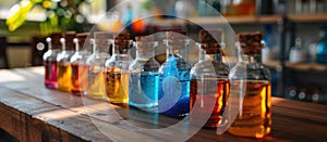 Array of Bottles Filled With Various Colored Liquids