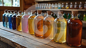 Array of Bottles Filled With Various Colored Liquids