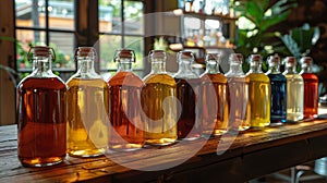 Array of Bottles Filled With Various Colored Liquids