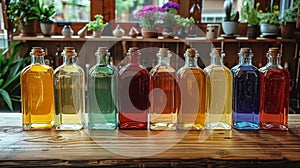 Array of Bottles Filled With Various Colored Liquids