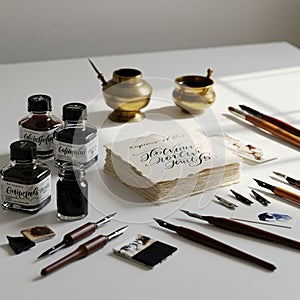 An array of calligraphy tools displayed on a table. There are several ink bottles labele