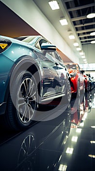 Array of cars in showroom office, emphasizing auto leasing options.