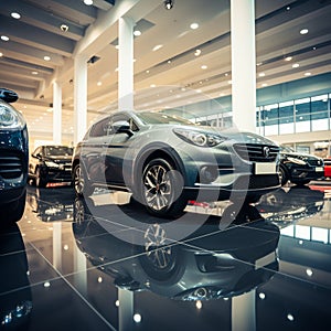 Array of cars in showroom office, emphasizing auto leasing options.