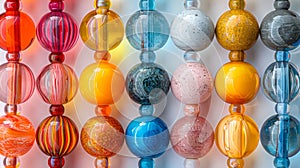 Array of colorful decorative glass beads. Artistic glasswork with various patterns and hues. Concept of handmade