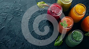 An array of colorful fresh smoothies, beautifully presented on a wet, dark surface, symbolizing a healthy, vibrant lifestyle