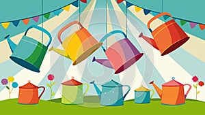 An array of colorful metal watering cans hanging from a tent catching the attention of passersby with their whimsical photo