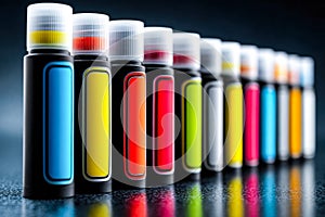 Array of colorful paint markers arranged in a row on a dark surface